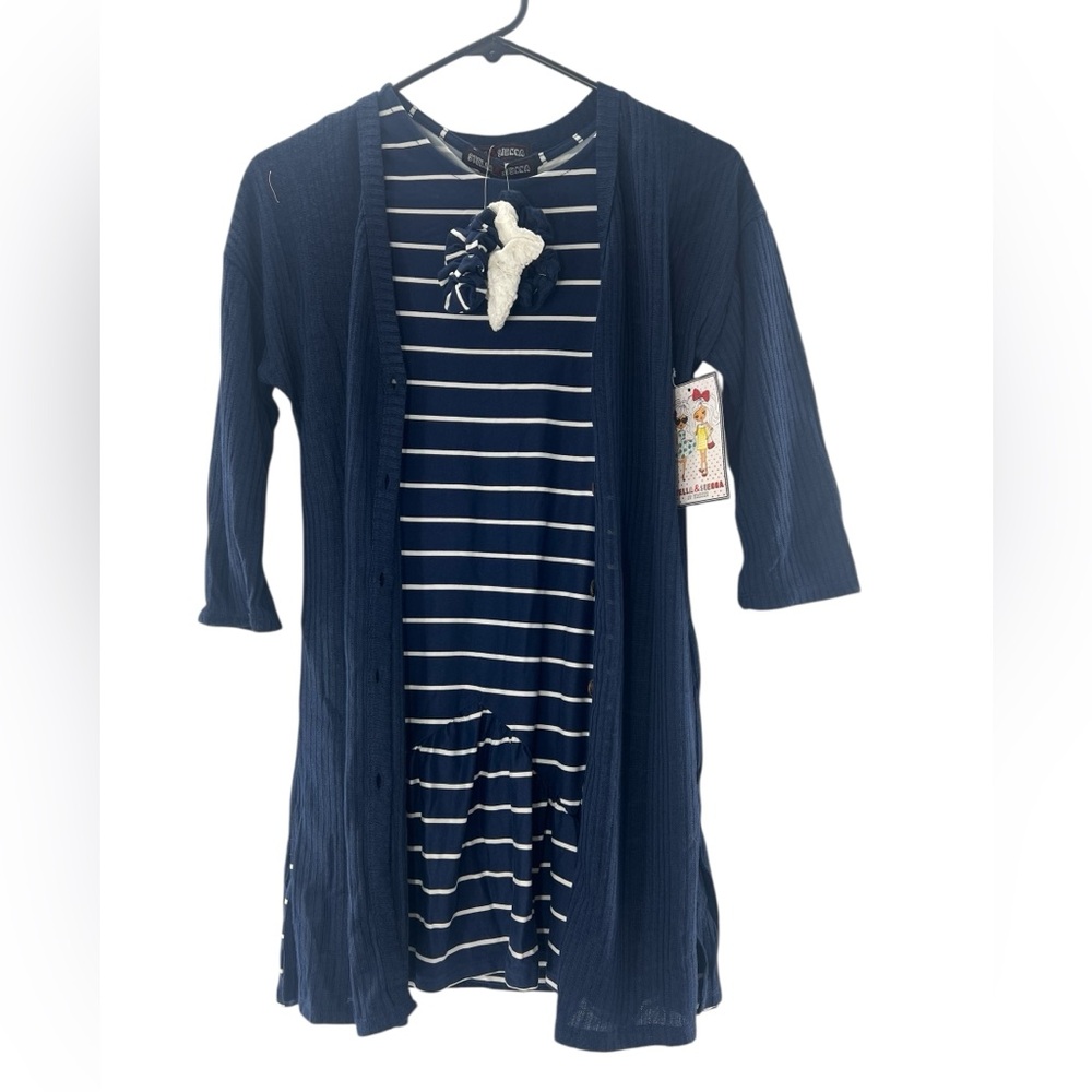 Stella & Sienna Midi Stripe Dress with Navy Blue Button-Up Cardigan L